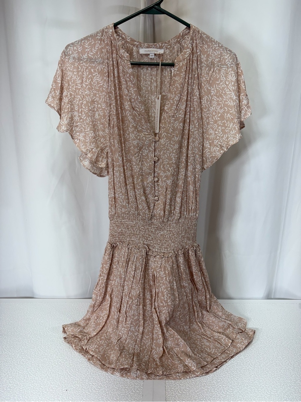 Olivaceous Dusty Rose Botanical-Print Smocked-Waist Mini Dress 4173